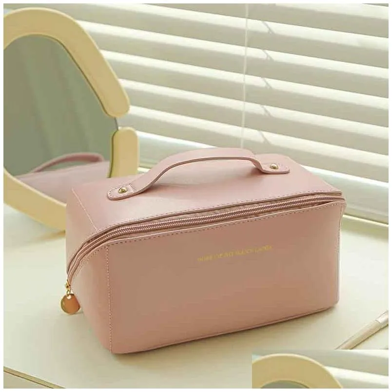 handle large capacity travel cosmetic bag waterproof pu leather makeup bags zipper pouch for women girl