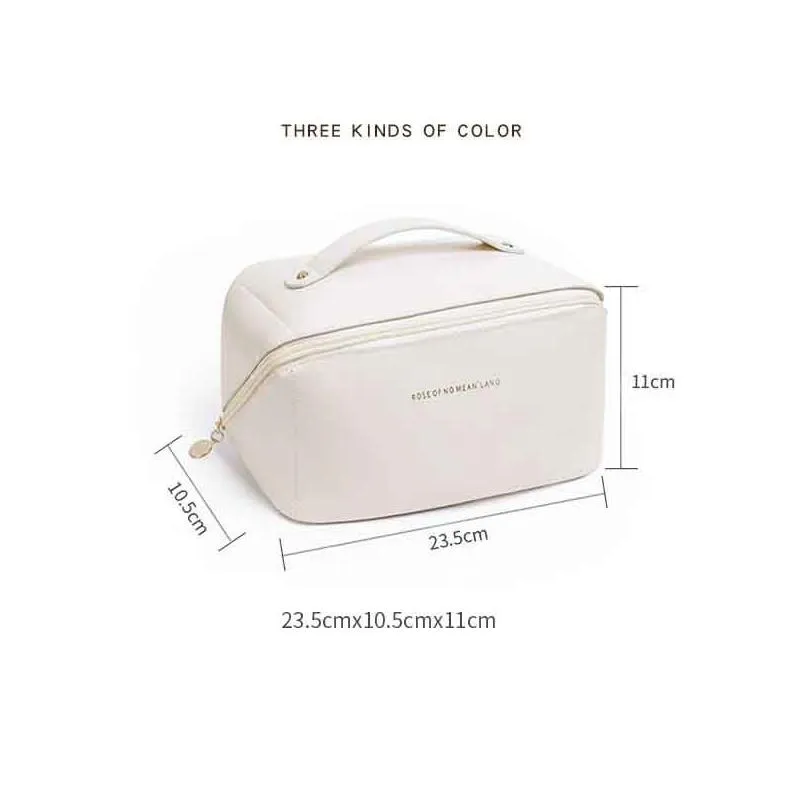 handle large capacity travel cosmetic bag waterproof pu leather makeup bags zipper pouch for women girl