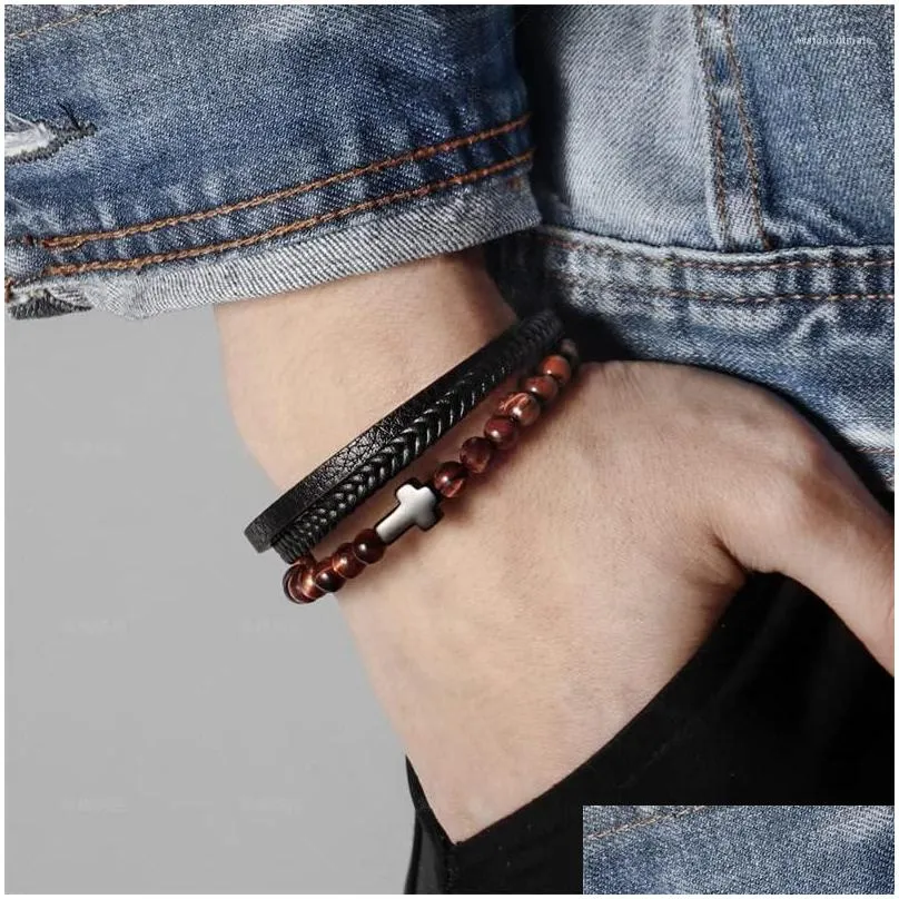 charm bracelets multilayer tiger eye bead cross bracelet men handmade stainless steel leather for jewelry gift