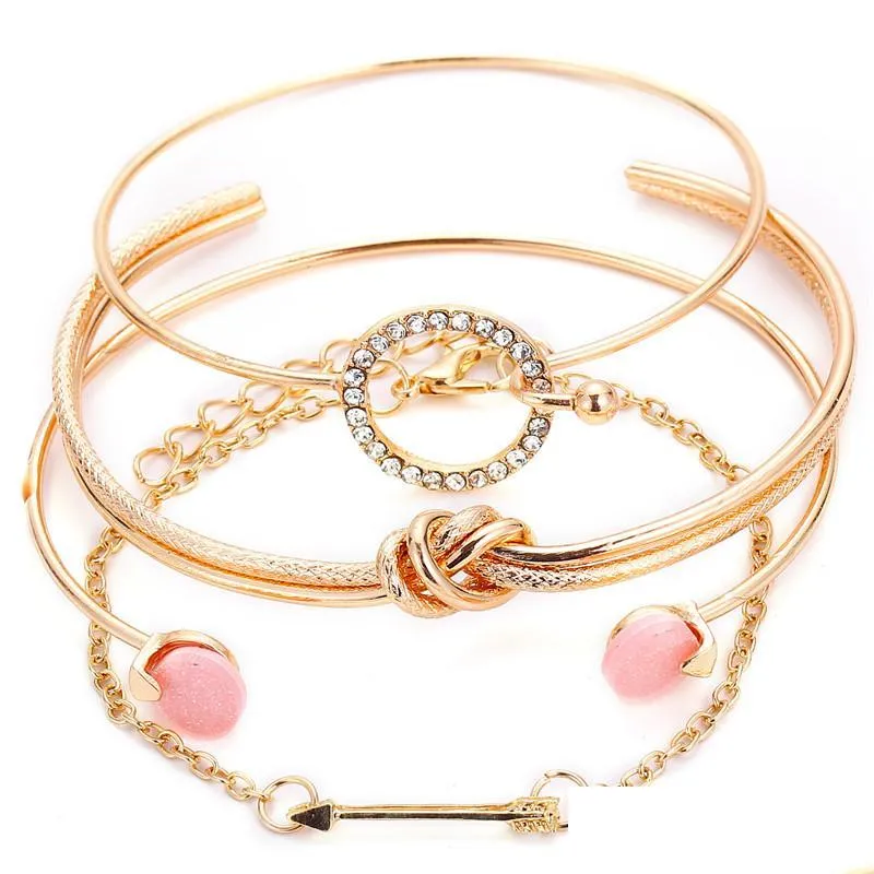 4 pcs/ set classic arrow knot bracelets round crystal gem multilayer adjustable open bracelet set for women fashion party jewelry gift