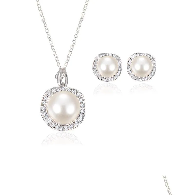 women wedding pearl pendant necklace stud earrings set for ladies crystal faux fake pearl jewelry bride bridesmaid engagement gift