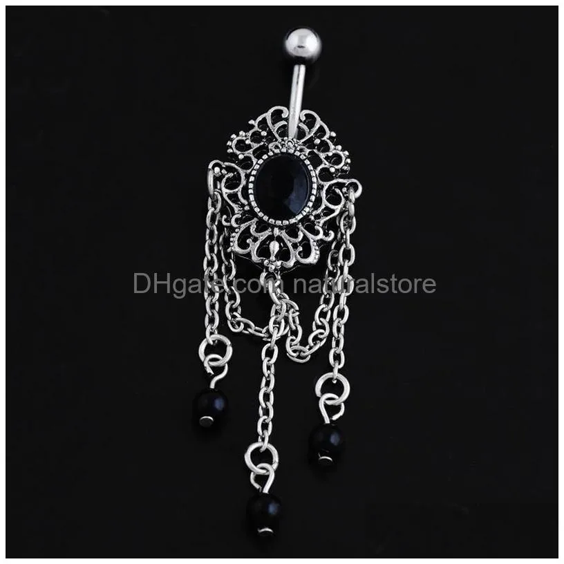 cute vintage black stone tassel body jewelry piercings stainless steel pendant navel bell button piercing dangle rings for women