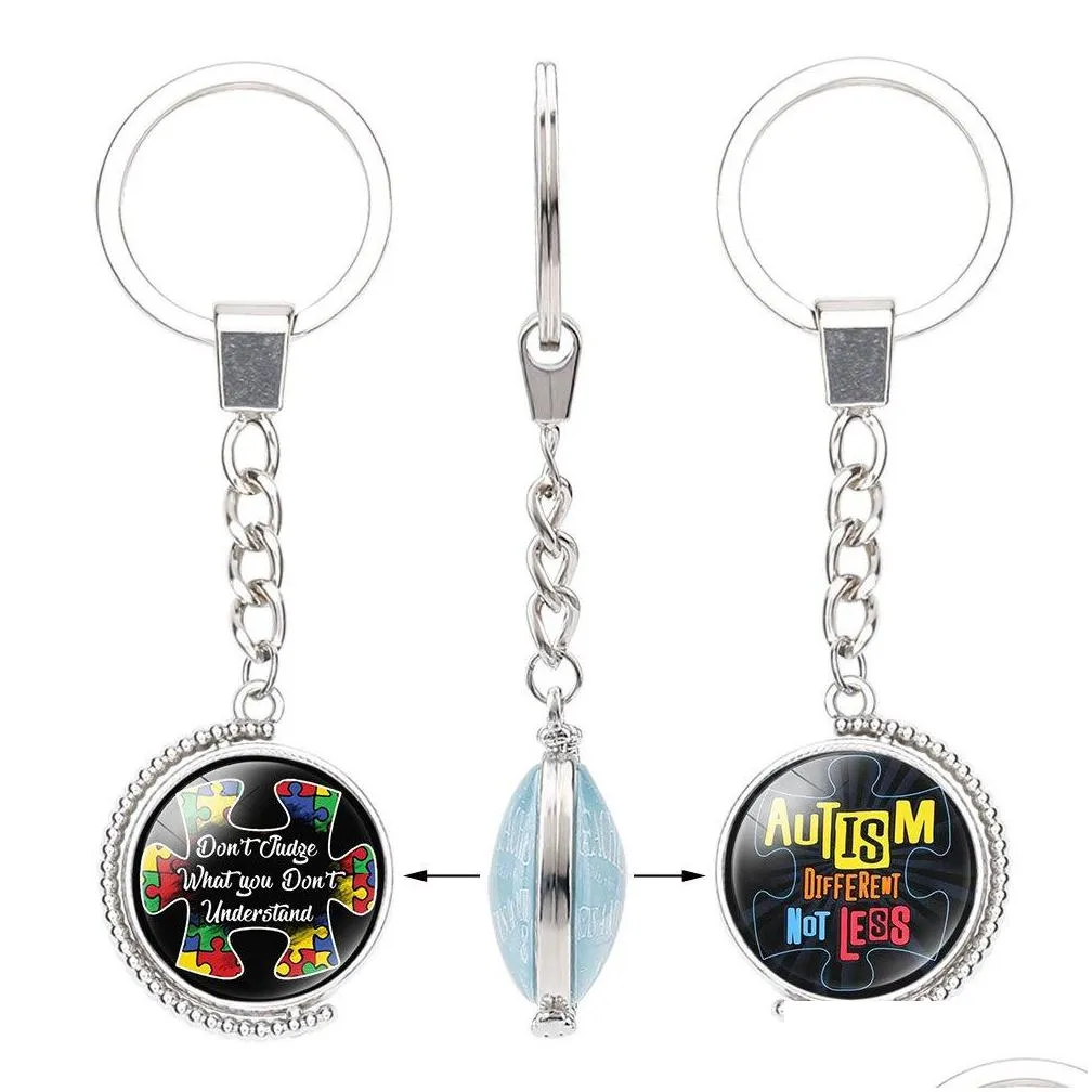 fashion kids autism awareness double sided keychains for children boys girls glass cabochon key chains inspirational jewelry