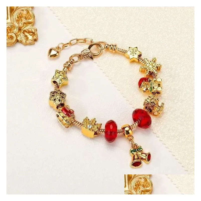 charm bracelets european style diy large hole gold bracelet christmas gifts for women bell pendant red crystal 3d star snowflake