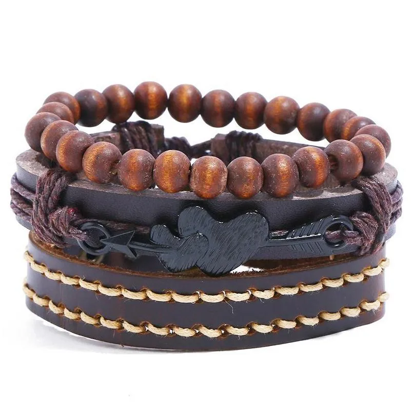 bangle jessingshow 3pcs/set vintage mens genuine leather bracelet wood beads charm multilayer braided women bangles jewelry