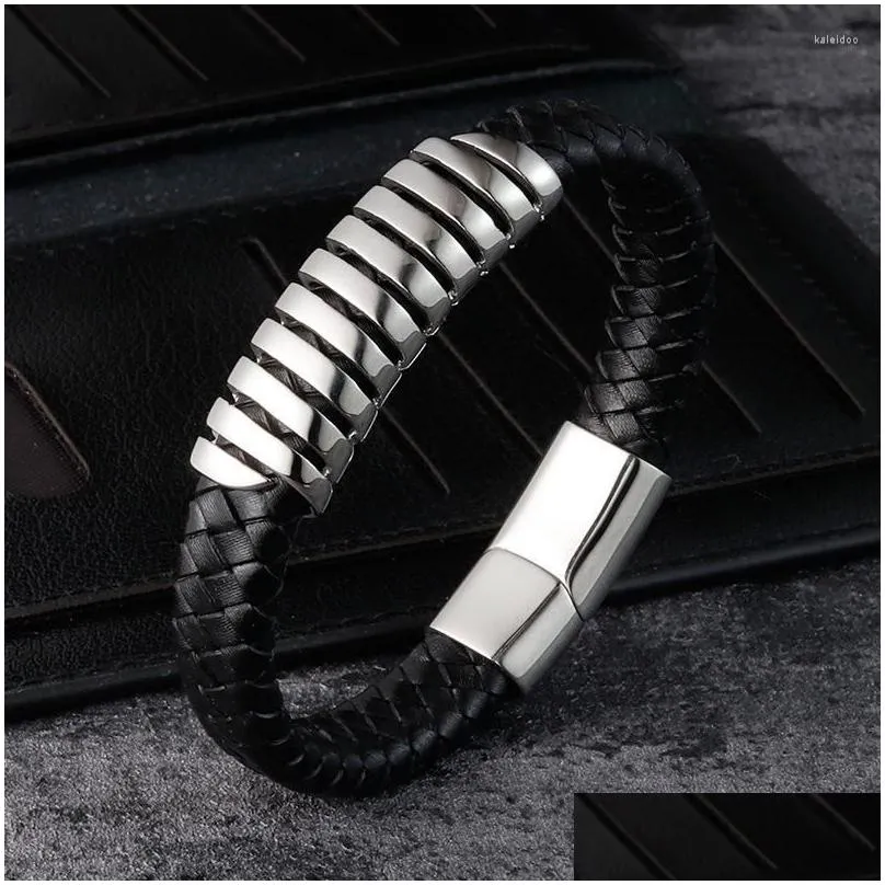 charm bracelets fashion men bracelet stainless steel magnetic clasps black braided leather cool male jewelry accessories party gifts