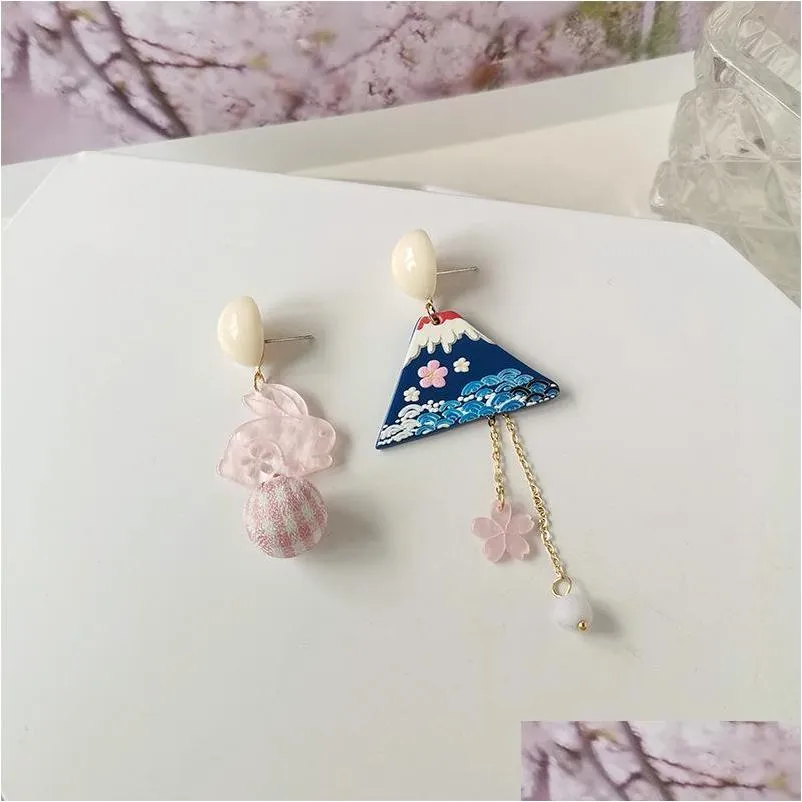 stud japanese cherry blossoms mount fuji earrings pink asymmetric long tassel for women girls cute jewelry