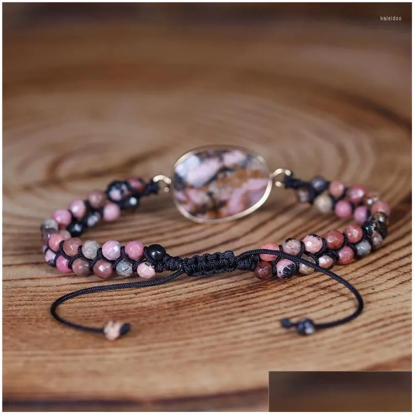 charm bracelets pink and black natural stone braided macrame center beaded wrap bracelet boho women jewelry dropship