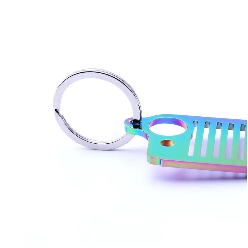 keychains 2021 fashion rainbow car style stainless steel grill key chain keychain keyring for cj jk tj yj xj1