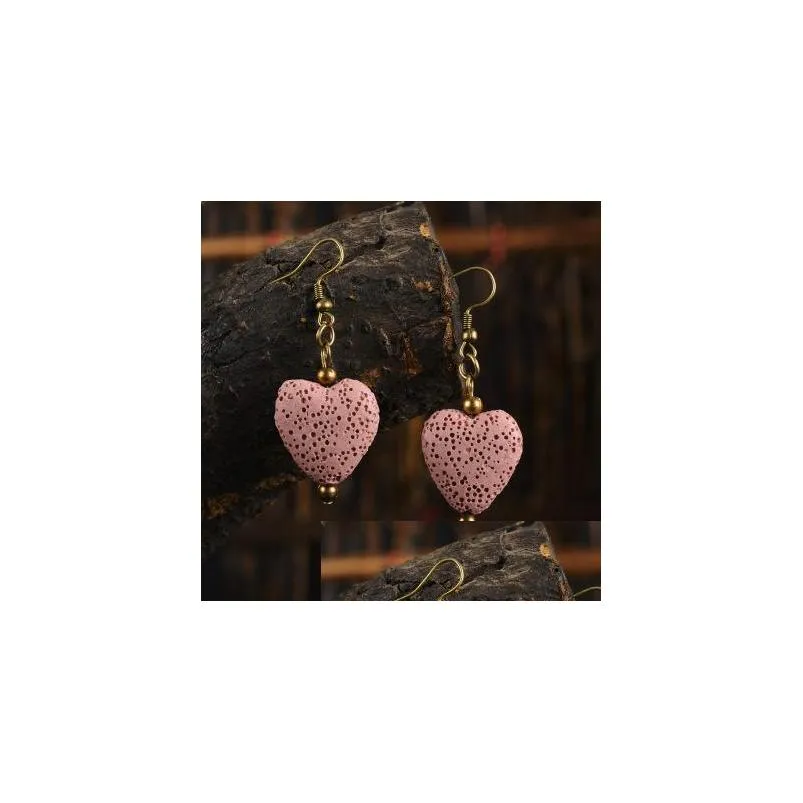 8 colors lava rock heart shape dangle earrings essential oil diffuser natural stone drop ear rings for women fashion aromatherapy