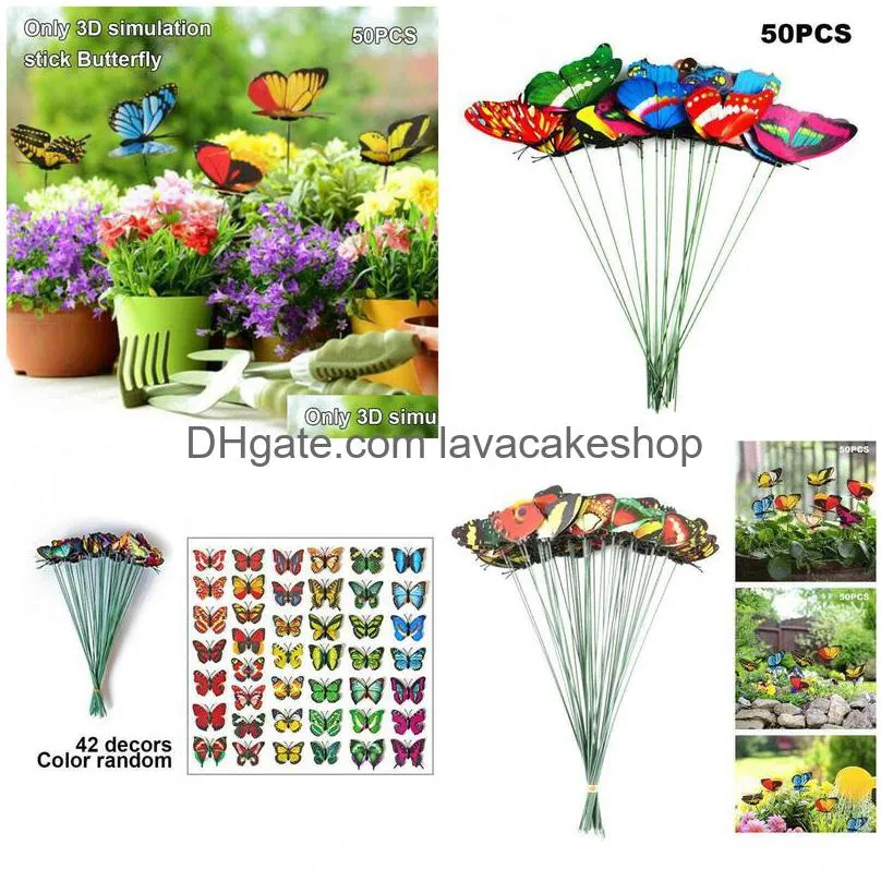 50pcs colorful on sticks artificial pvc butterfly stakes patio craft outdoor yard garden decor indoor flower pots party supplies y0914