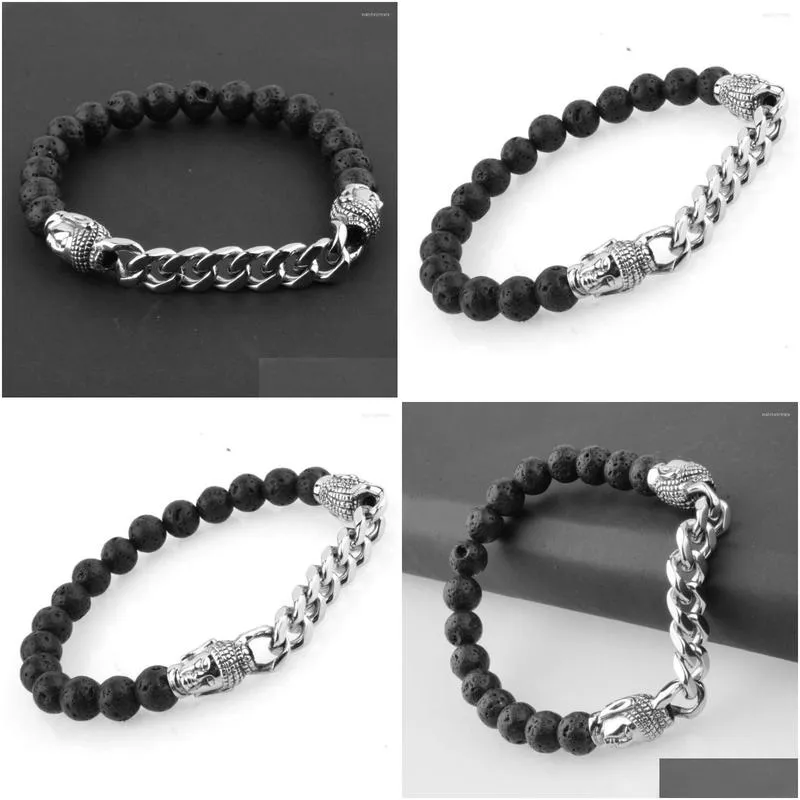 charm bracelets stainless steel black silver color black beads buddha statue head cuban chain bracelet mens boys jewelry8mm