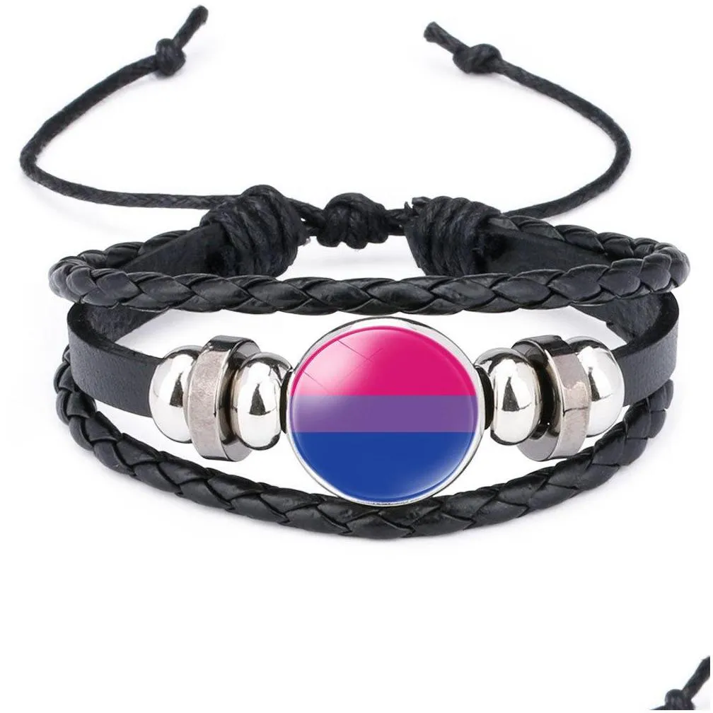 lgbt gay pride leather bracelet for women men rainbow glass cabochon charm braided rope wrap bangle wristband fashion jewelry gift