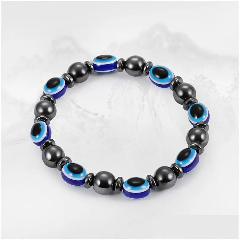 2018 energy magnetic hematite blue evil eye bracelet women power healthy black gallstone beaded chains bangle for men s fashion