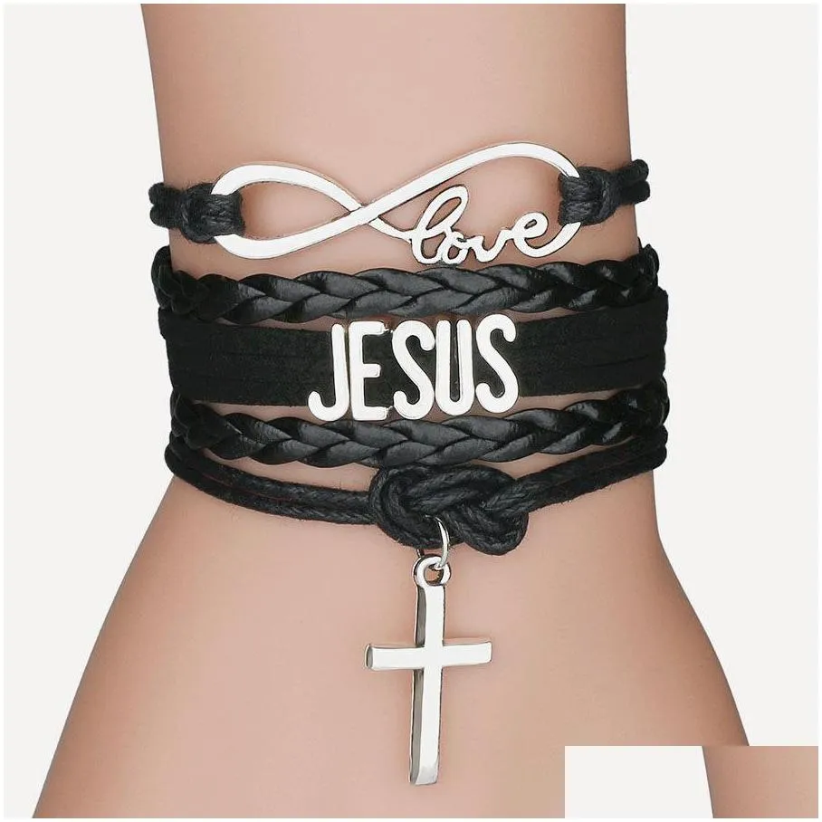 fashion cross charm braided leather rope bracelets for women men religious jesus love infinity wristband handmade jewelry in bulk
