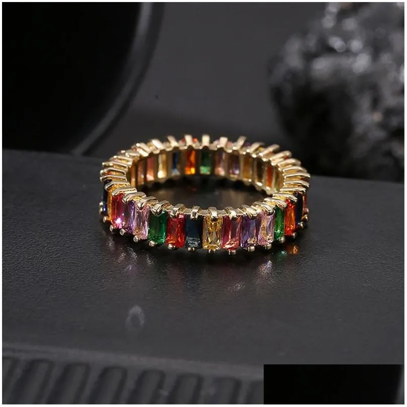 rainbow cz square engagement ring for women girls colorful cubic zirconia band rings gold filled fashion party wedding jewelry