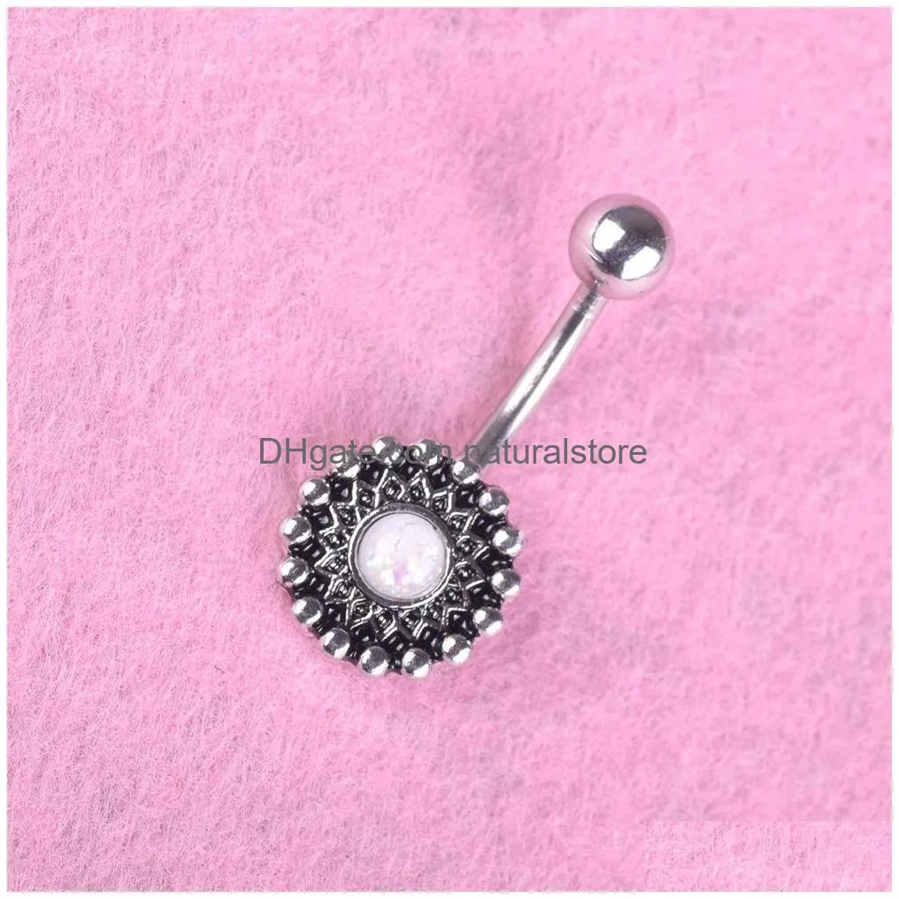 sexy vintage round flower wasit belly dance crystal body jewelry stainless steel navel bell button piercing dangle rings for women