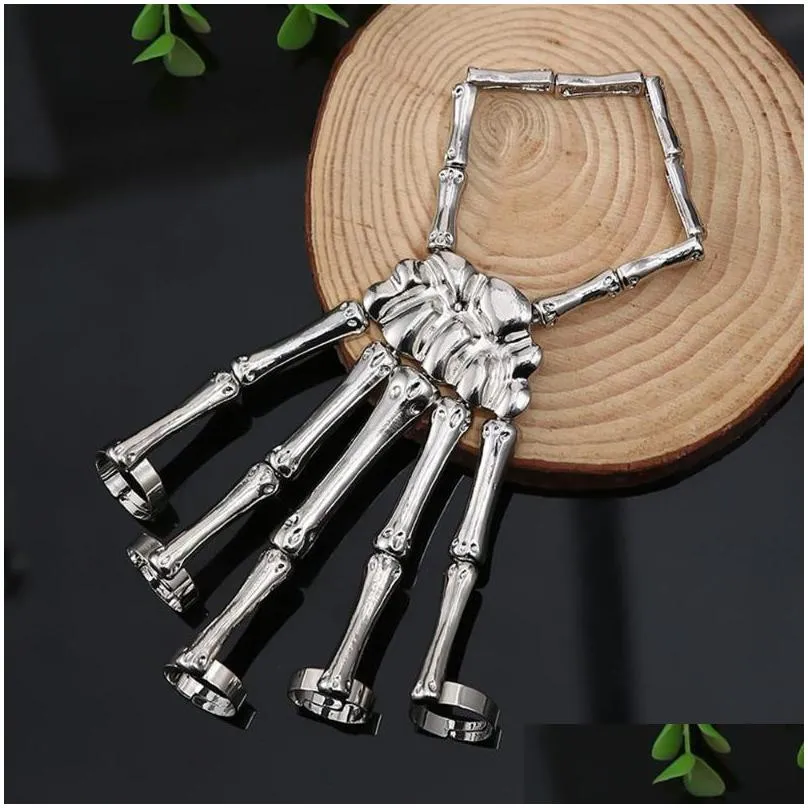 bangle punk bracelet for men gothic hand chain skull skeleton five fingers rings adjustable couples women halloween jewelrybangle