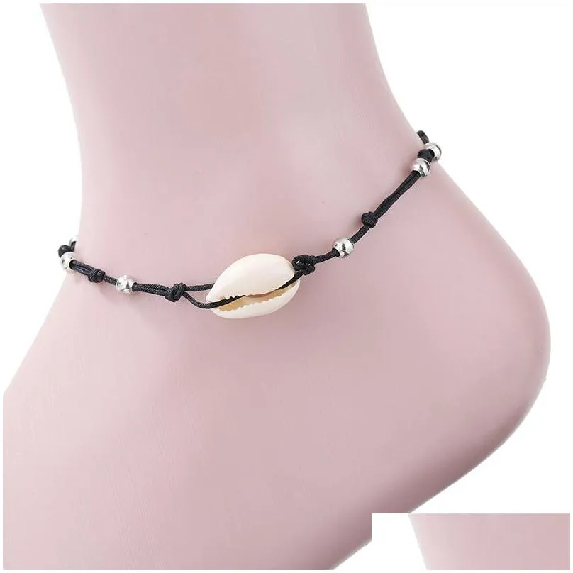  seashell beads stripe woven anklet beach jewelry handmade simple black rope draw beads braided anklets bracelets for women