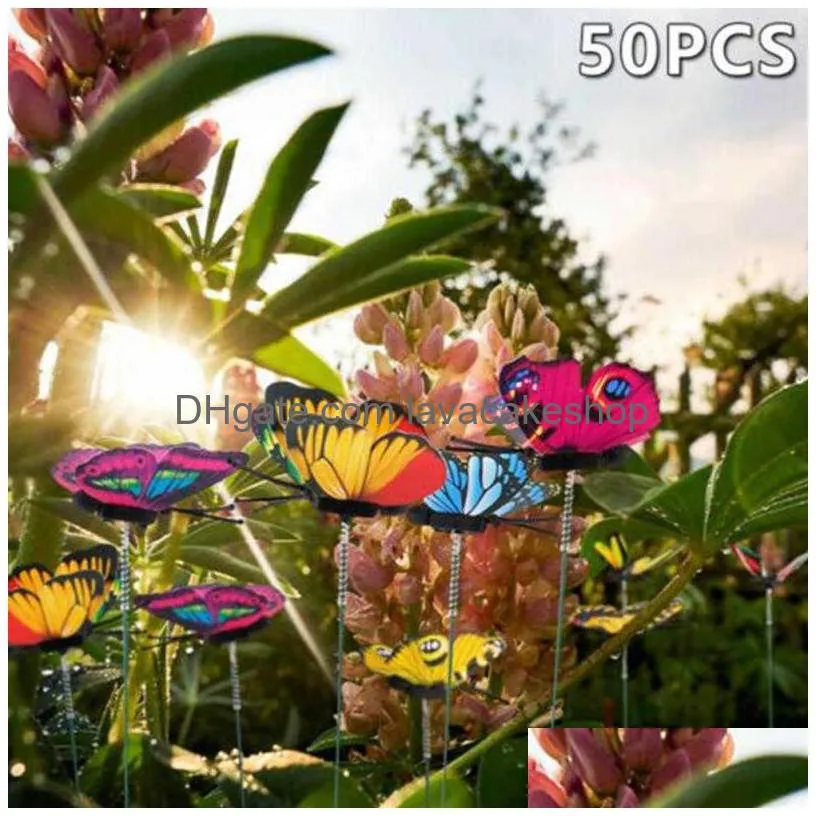 50pcs colorful on sticks artificial pvc butterfly stakes patio craft outdoor yard garden decor indoor flower pots party supplies y0914