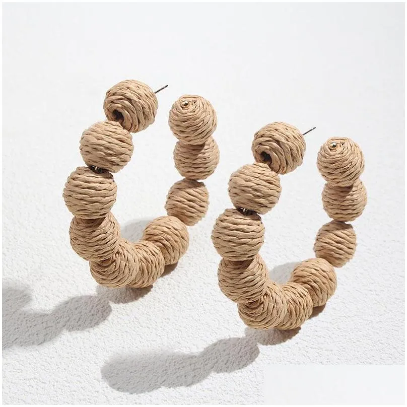 2021 boho handmade round rattan weave big hoop earrings for women natural wooden bamboo straw vine jewelry gift huggie