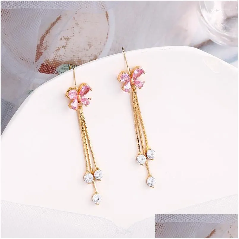 dangle earrings balanbiu delicate multicolored zircon flower for women gold color brass tassel 2022 fashion jewelry