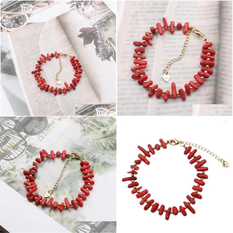 charm bracelets red natural coral stone charms bracelet unique spacers copper beads strand for women high grade gift jewelry 7.5 b139