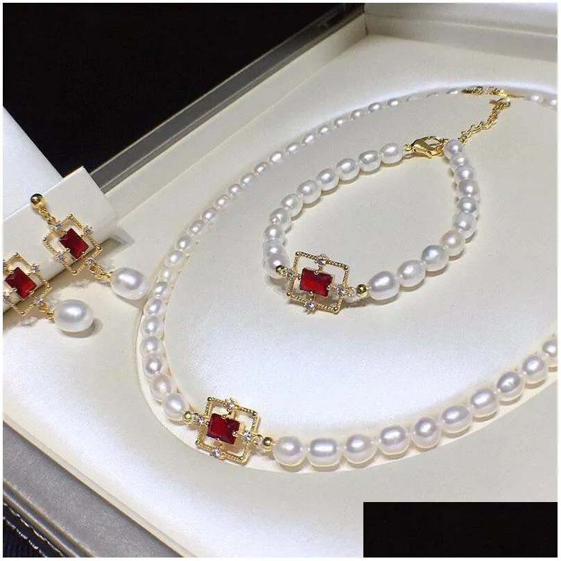 earrings necklace habitoo 67mm white natural freshwater pearl bracelet red cz sqaure fittings gorgeous jewelry set for women