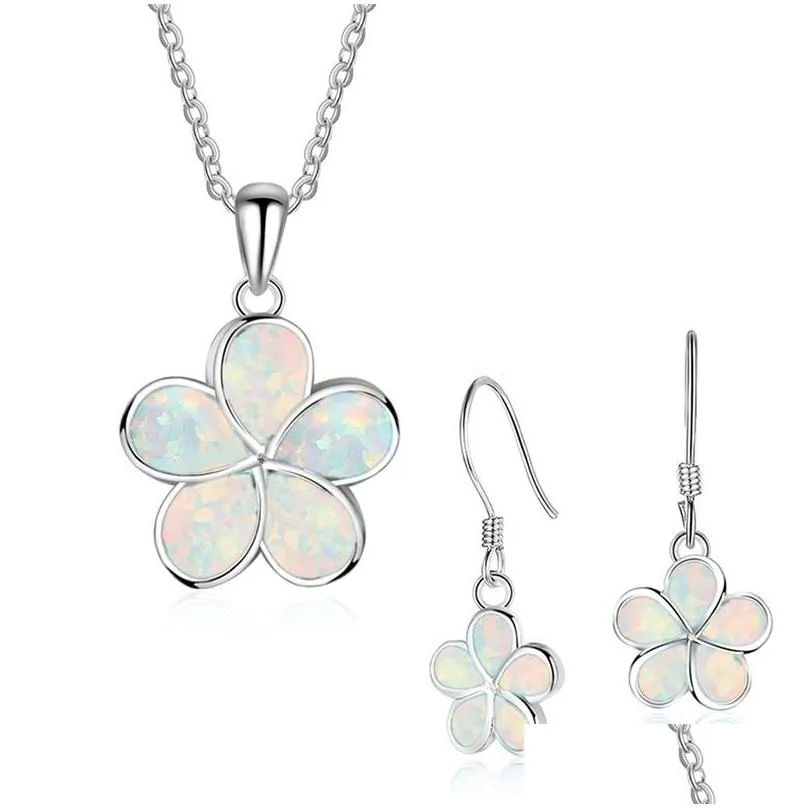 earrings necklace cute women flower blue imitation fire opal with for accessories fashion jewelry set lover gift