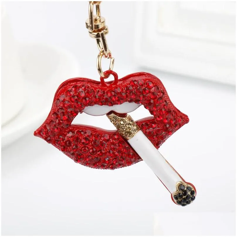 2021 fashion sexy rose red lip crystal cigarette keychain charm pendant rhinestone car purse handbag key chain ring creative gift1