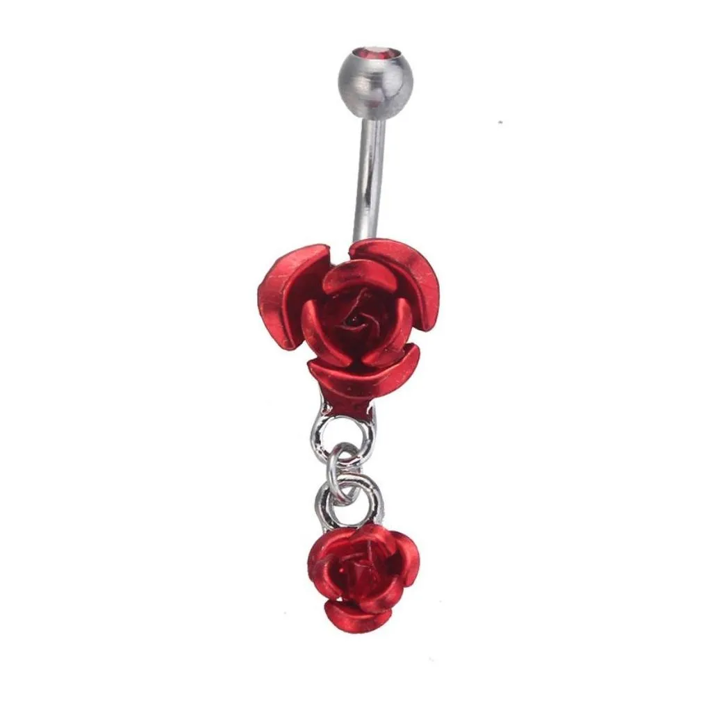 stainless steel hypoallergenic belly button rings crystal rose flower body piercing bar jewlery for women bikini fashion navel rings