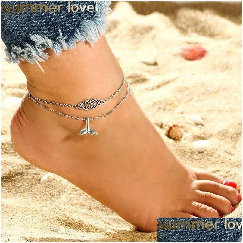 bohemian 2pcs/set mermaid tail anklet handmade multi layer heart whale tail pendent anklet bracelets for women barefoot beach jewelry