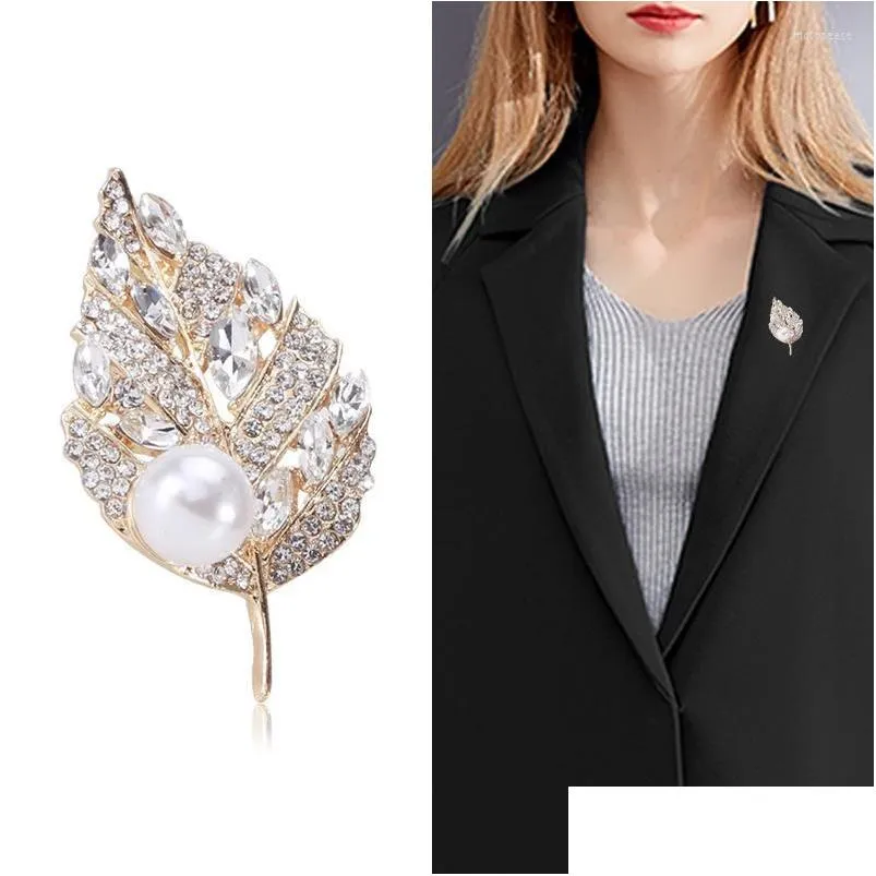 brooches fashion highend luxury rhinestone pearl leaf brooch temperament allmatch suit coat corsage accessories