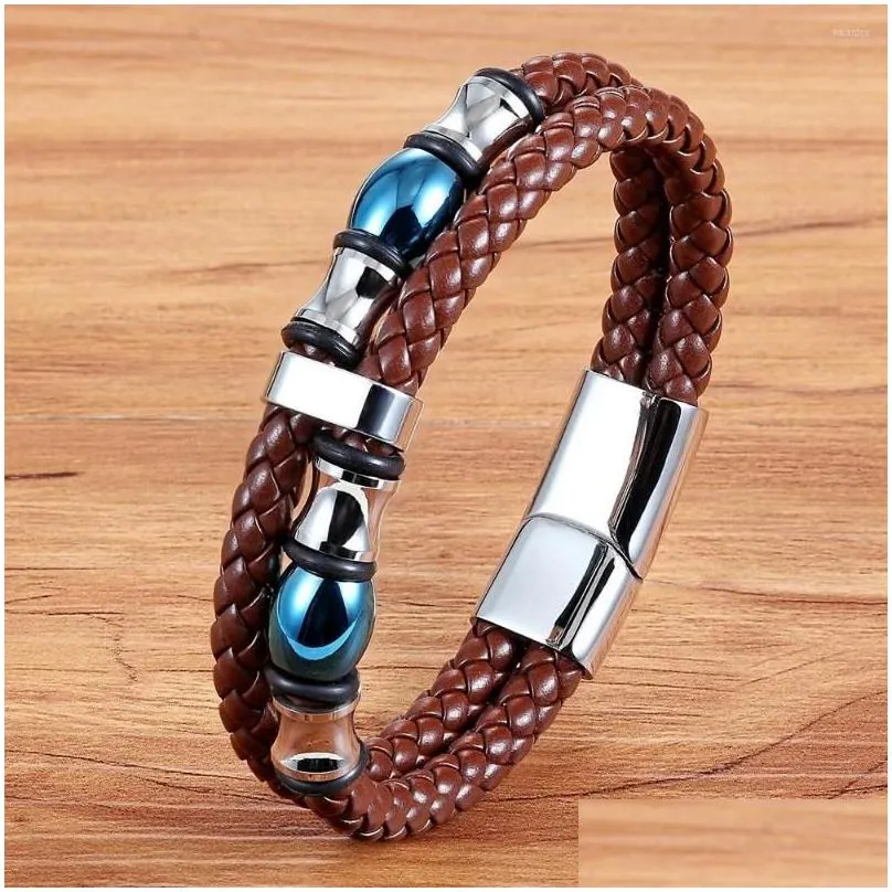 charm bracelets xqni geometrically irregular graphics double layers stainless steel genuine leather bracelet men bangle 2 colors