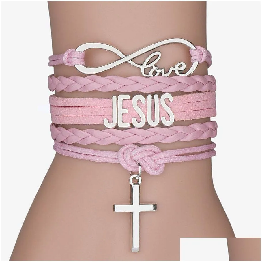 fashion cross charm braided leather rope bracelets for women men religious jesus love infinity wristband handmade jewelry in bulk