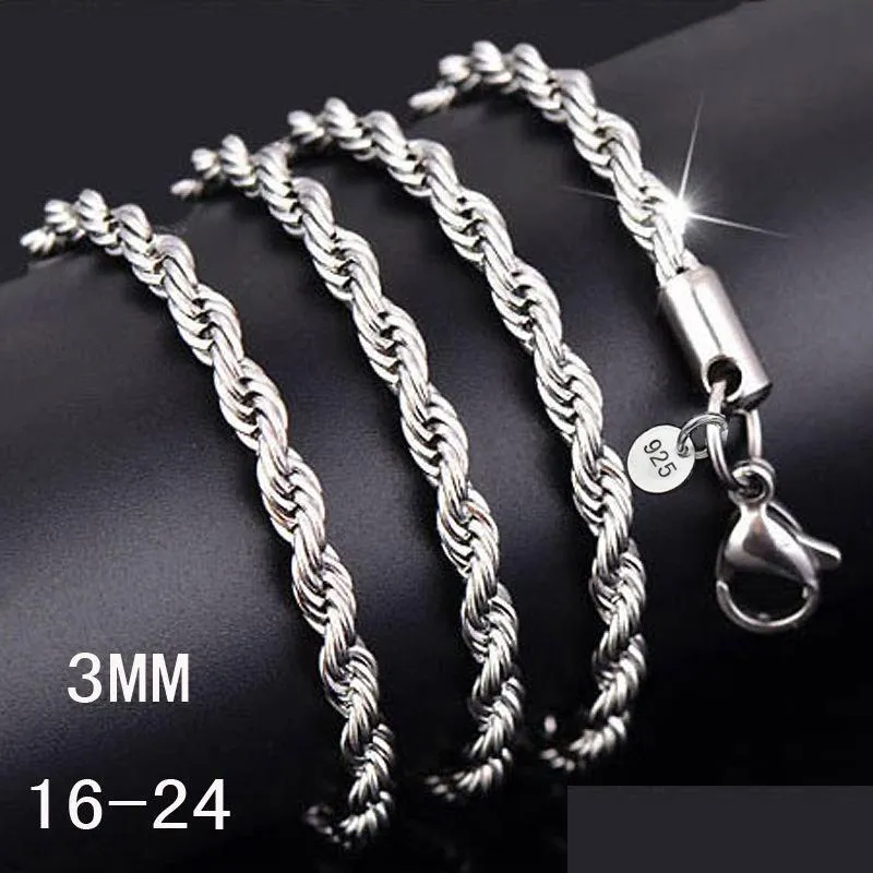 3mm 925 sterling silver twisted rope chain 1630inches luxury silver necklaced for women men fashion diy jewelry wholesale