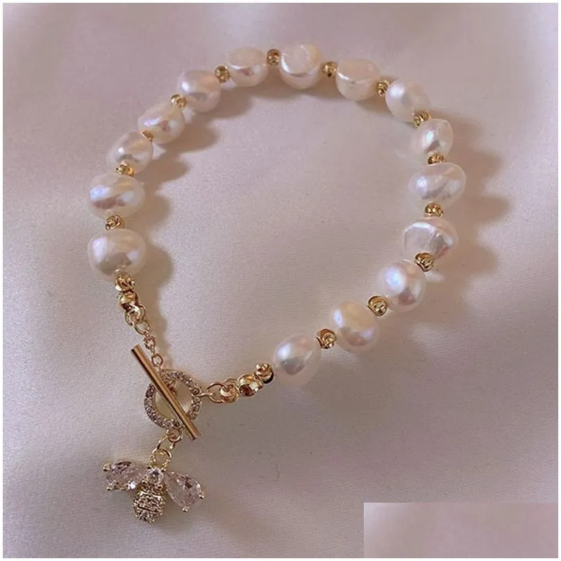 charm bracelets 2023 elegant baroque pearl string bracelet for woman luxury zircon bee pendant fashion girls sweet jewelry