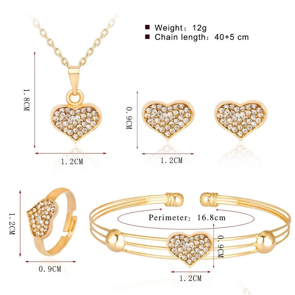 luxury crystal heart jewelry set for women wedding gold love shape pendant necklace stud earrings rings cuff bangle bracelet fashion