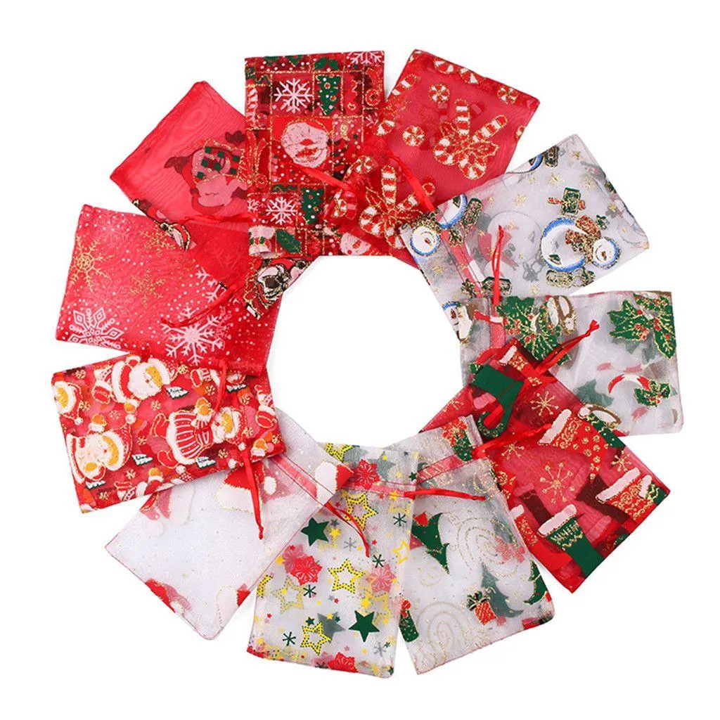 christmas drawstring organza bags gift wrap jewelry pouches for small business candy bracelet packaging gift supplies