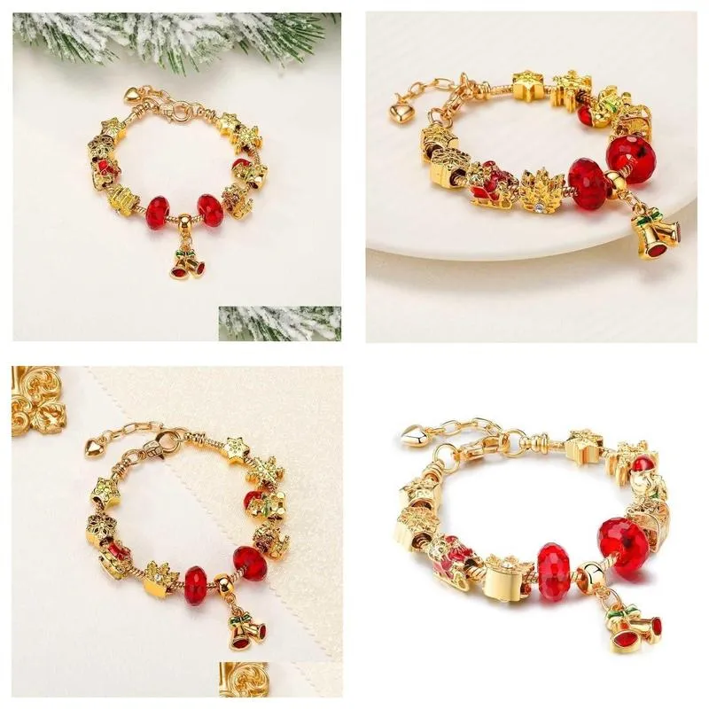 charm bracelets european style diy large hole gold bracelet christmas gifts for women bell pendant red crystal 3d star snowflake