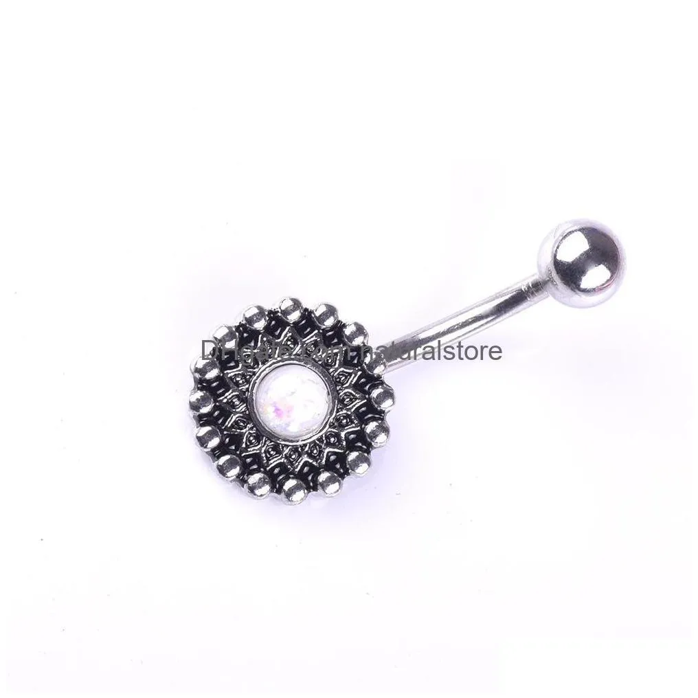 sexy vintage round flower wasit belly dance crystal body jewelry stainless steel navel bell button piercing dangle rings for women