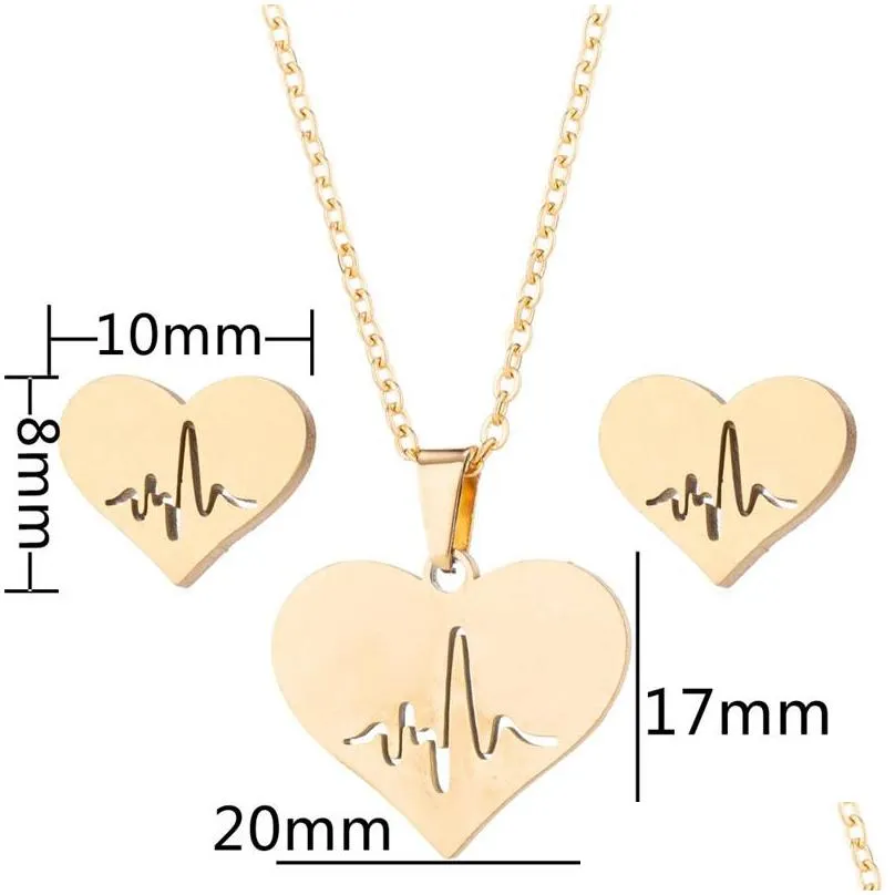 stainless steel love heart necklace women gold heartbeat stud earrings jewelry sets for girls wedding jewelry