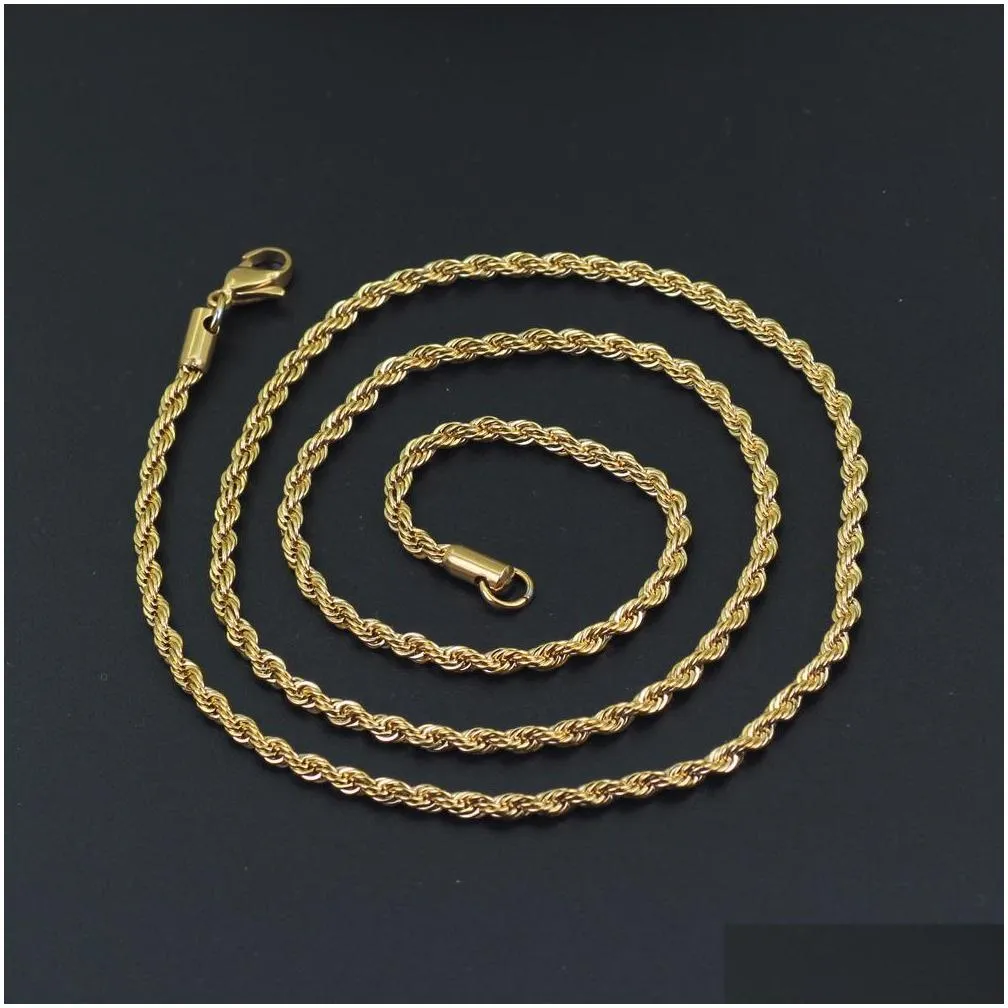 hip hop 18k gold plated stainless steel 3mm twisted rope chain womens choker necklace for men hiphop jewelry gift in bulk