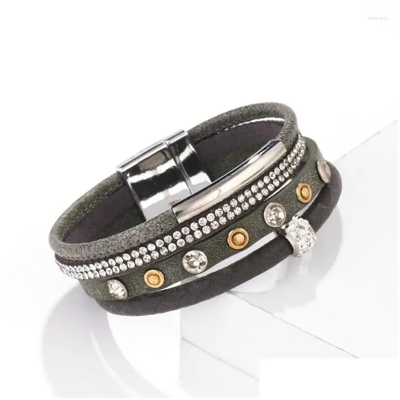 charm bracelets allyes crystal chain leather for women retro metal pipe multilayer wide wrap bangles femme jewelry