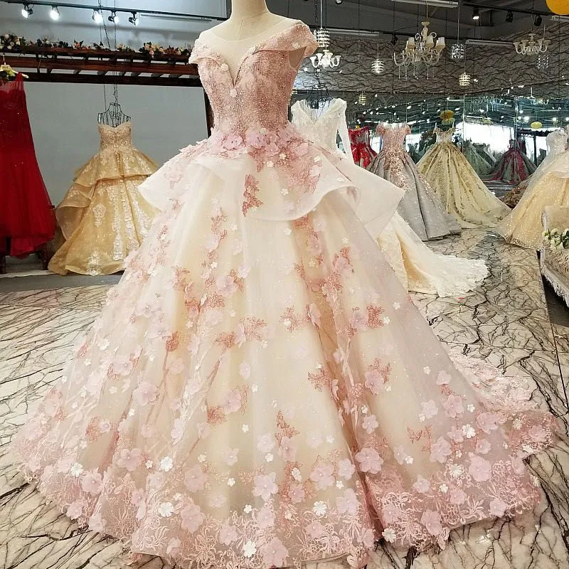 2023 Quinceanera Ball Gown Dresses Off Shoulder Pink Illusion Lace Appliques Beads Crystal 3D Floral Flowers Floor Length Corset Back Plus Size Prom Evening Gowns