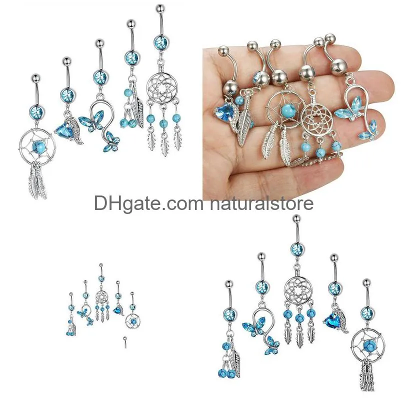 5pcs/set dream catcher blue stone zircon crystal body jewelry stainless steel rhinestone navel bell button piercing rings for women