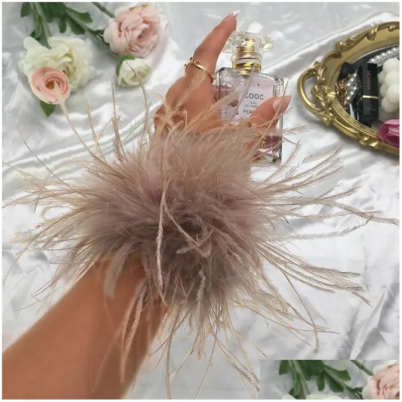 charm bracelets women feather bracelet cuffs wrap stainless steel real fur ostrich cuff 2022 elastic hair band double layer furcharm