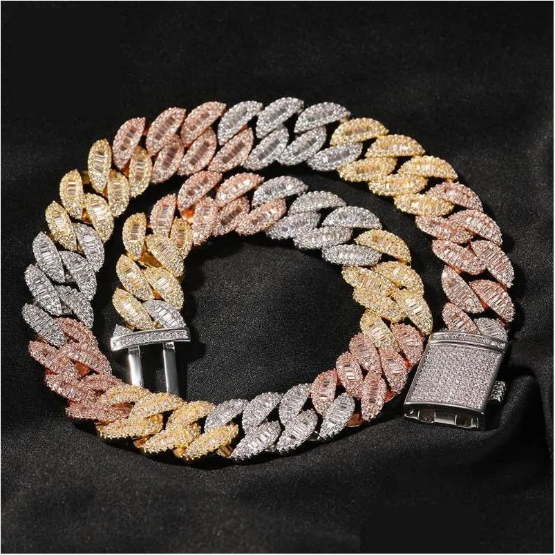 chains 16mm rose gold/silver/gold 3 color luxury  cuban link necklace prong setting baguette cubic zirconia hiphop jewelry 14inch
