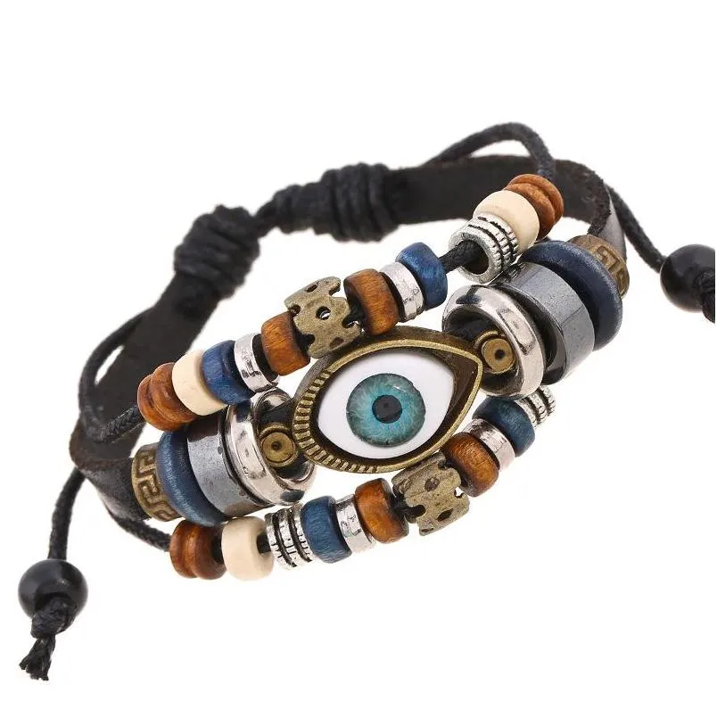  evil eye charm bracelet multi layered leather wrap wristband adjustable bangle for women men fashion jewelry gift