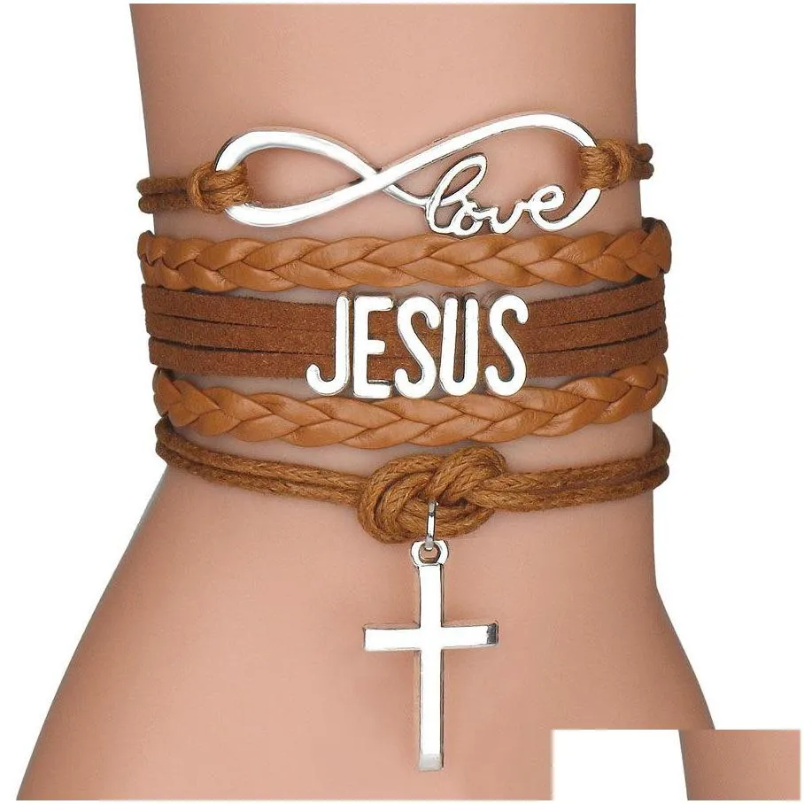 fashion cross charm braided leather rope bracelets for women men religious jesus love infinity wristband handmade jewelry in bulk